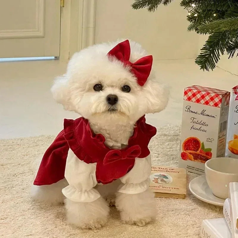 Hubei Winter Dog Dress Bowknot Princess Outfit Set Pet