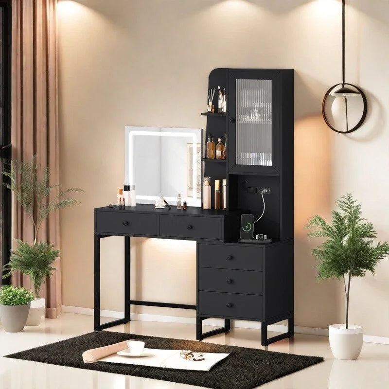 Vanity Desk Makeup Glass Tabletop Mirror LED Light w/ Power Outlet