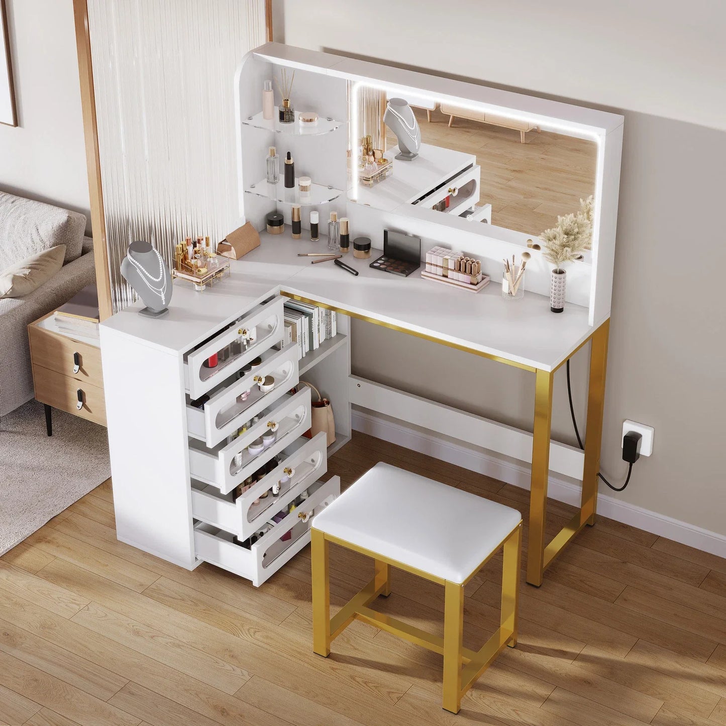 Vanity Desk Makeup Glass Tabletop Mirror LED Light w/ Power Outlet