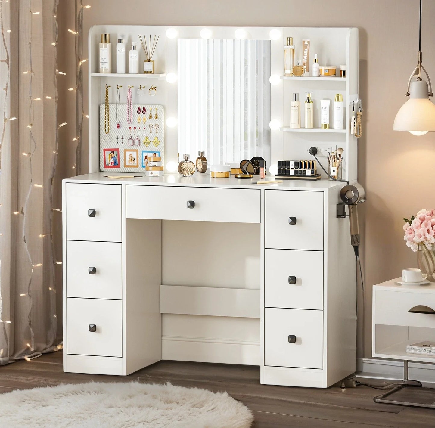 Vanity Desk Makeup Glass Tabletop Mirror LED Light w/ Power Outlet