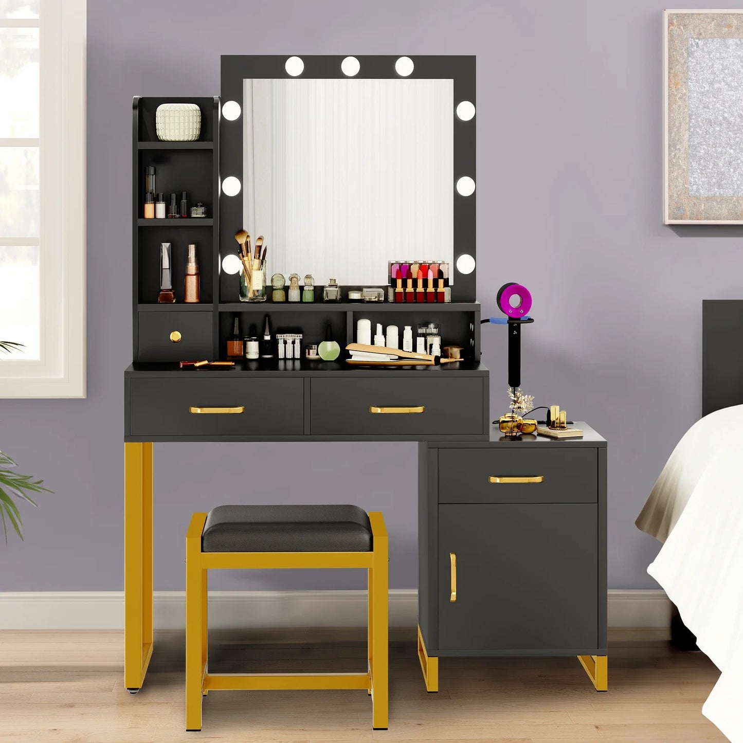 Vanity Desk Makeup Glass Tabletop Mirror LED Light w/ Power Outlet