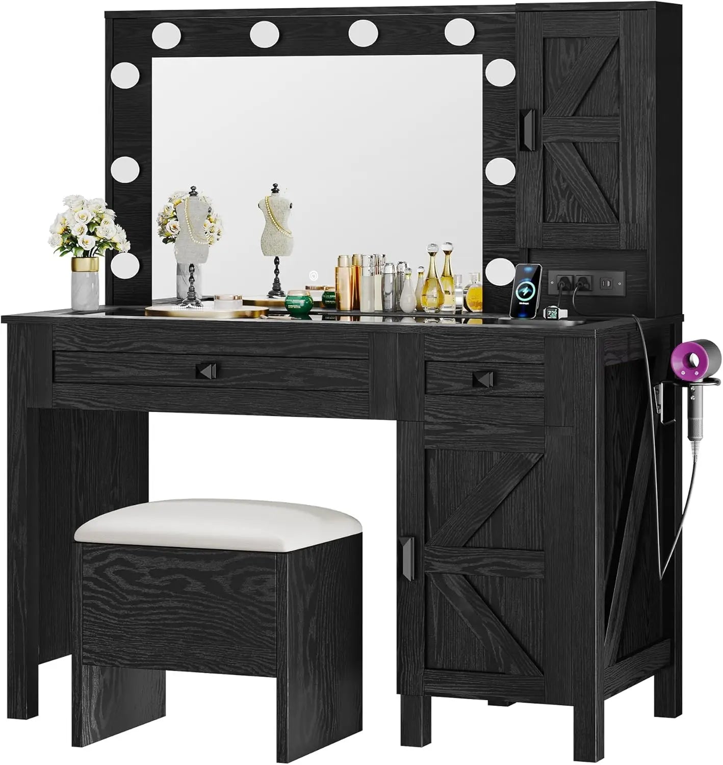 Vanity Desk Makeup Glass Tabletop Mirror LED Light w/ Power Outlet