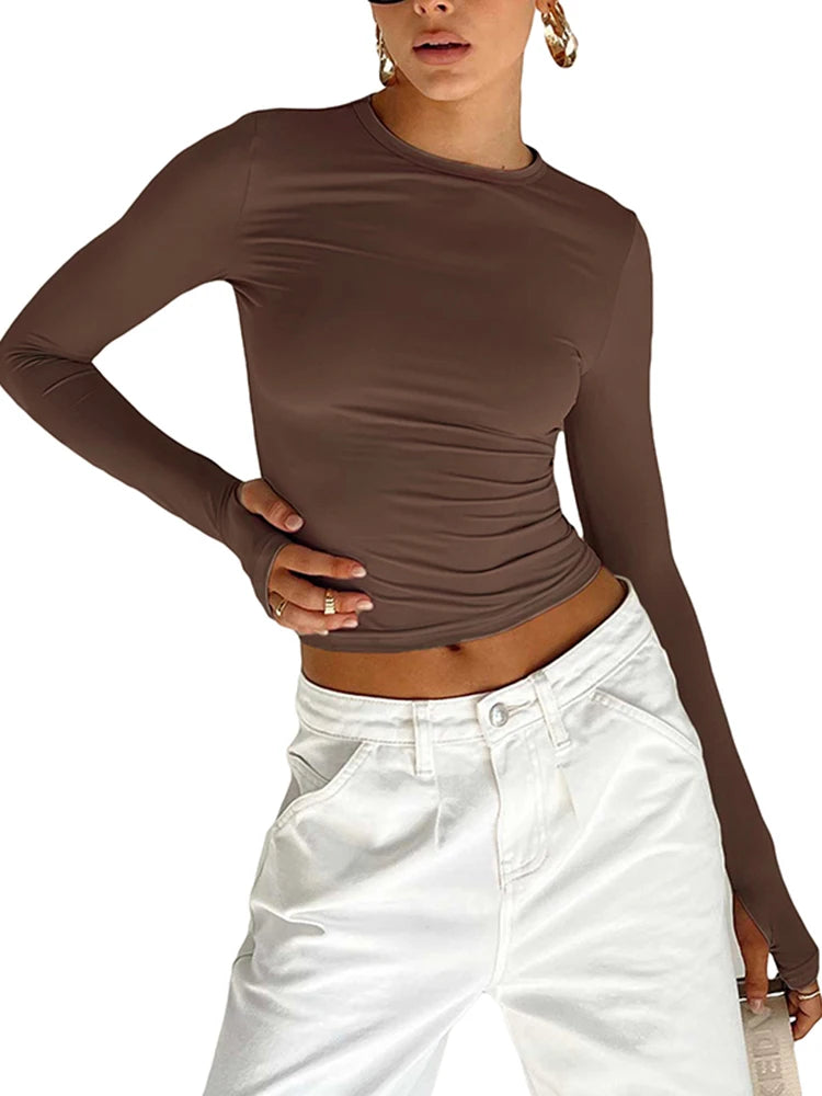 Womens Long Sleeve Crew Neck Crop Top With Thumb Holes
