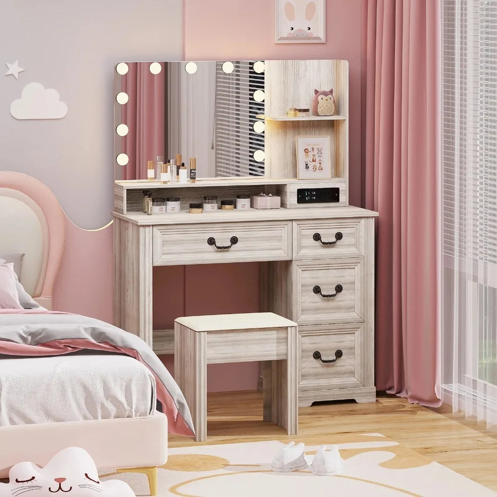 Vanity Desk Makeup Glass Tabletop Mirror LED Light w/ Power Outlet