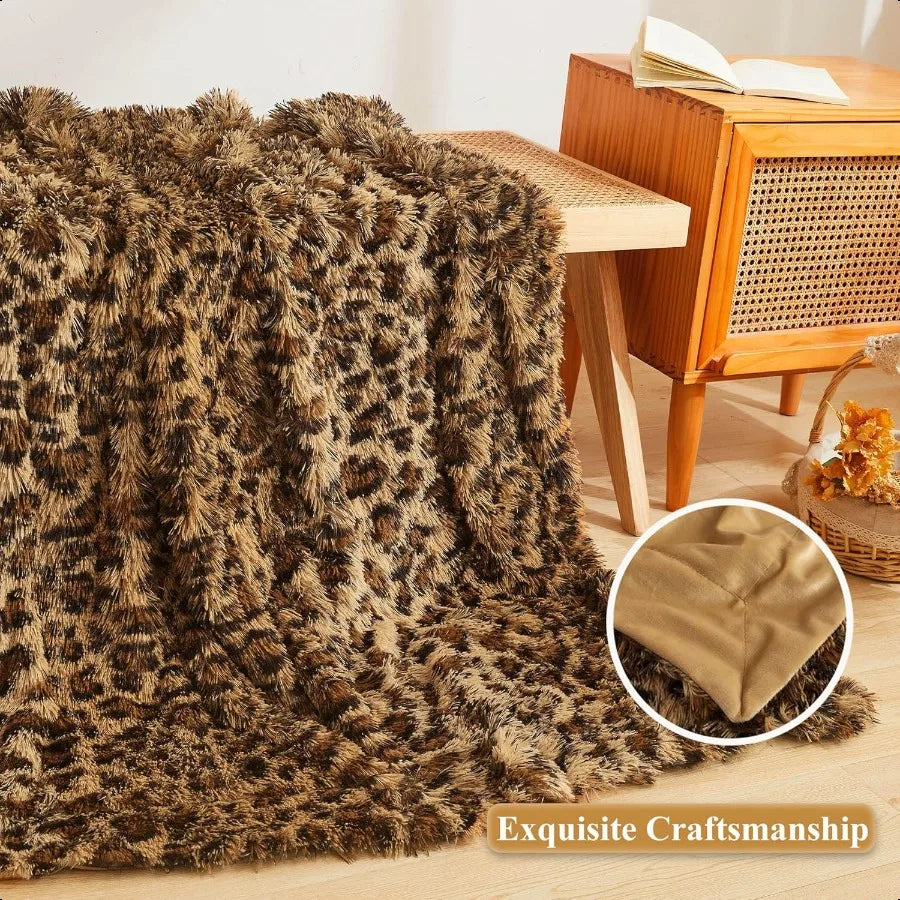 Luxury Faux Fur Leopard Print Throw Blanket Plush Cheetah Style