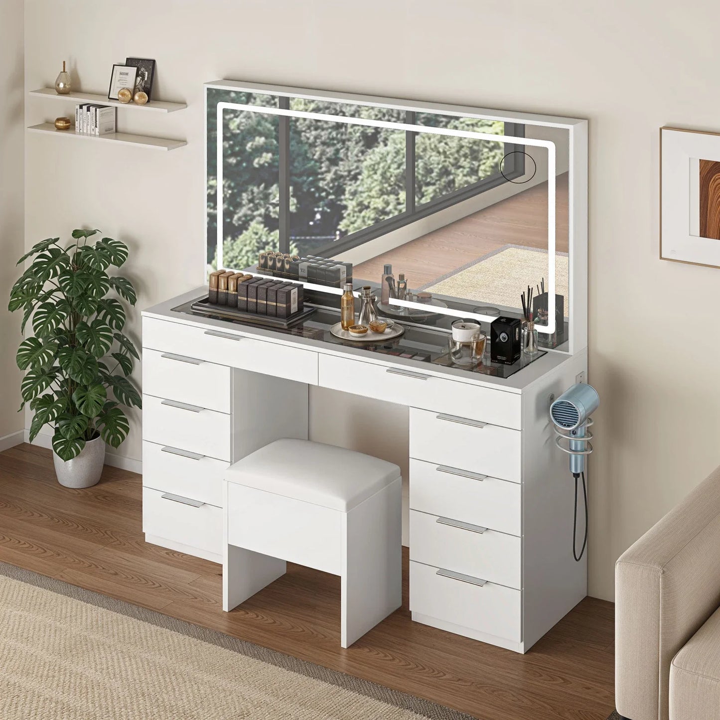 Vanity Desk Makeup Glass Tabletop Mirror LED Light w/ Power Outlet