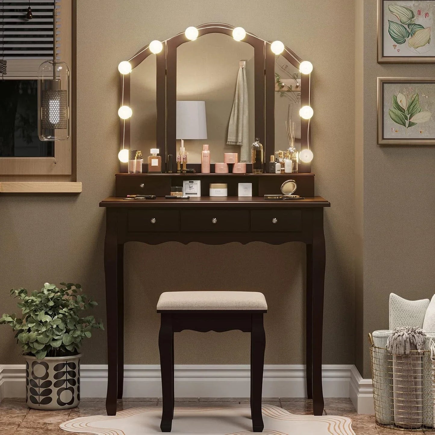 Vanity Desk Makeup Glass Tabletop Mirror LED Light w/ Power Outlet
