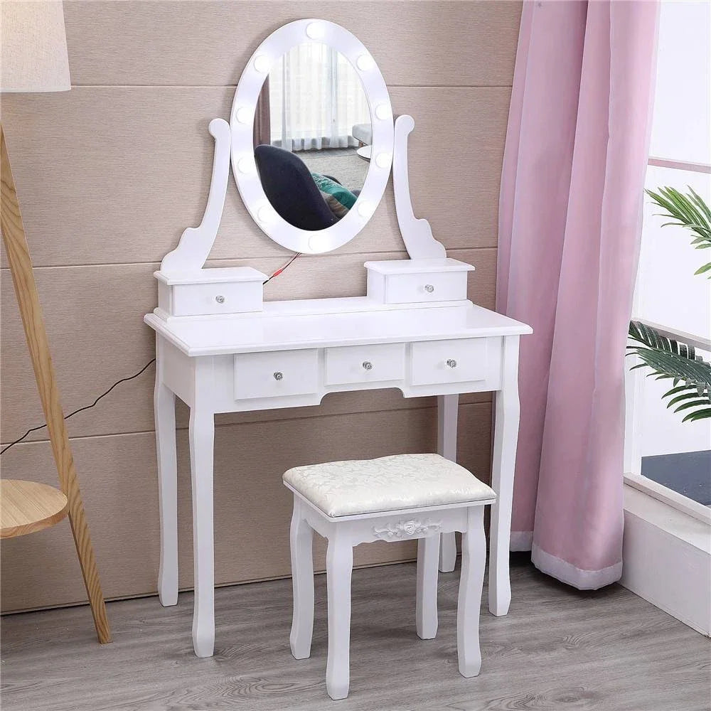 Vanity Desk Makeup Glass Tabletop Mirror LED Light w/ Power Outlet