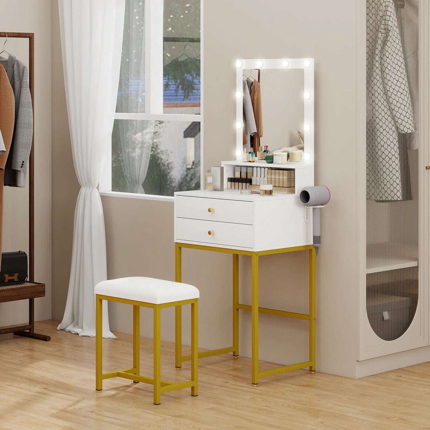 Vanity Desk Makeup Glass Tabletop Mirror LED Light w/ Power Outlet