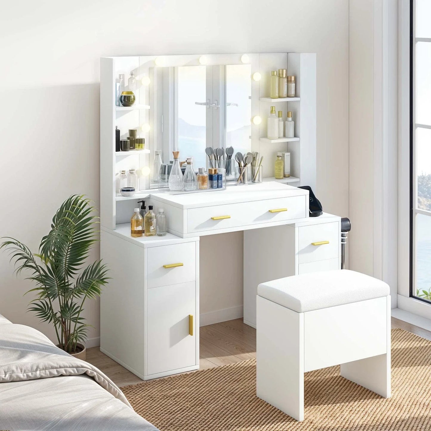 Vanity Desk Makeup Glass Tabletop Mirror LED Light w/ Power Outlet