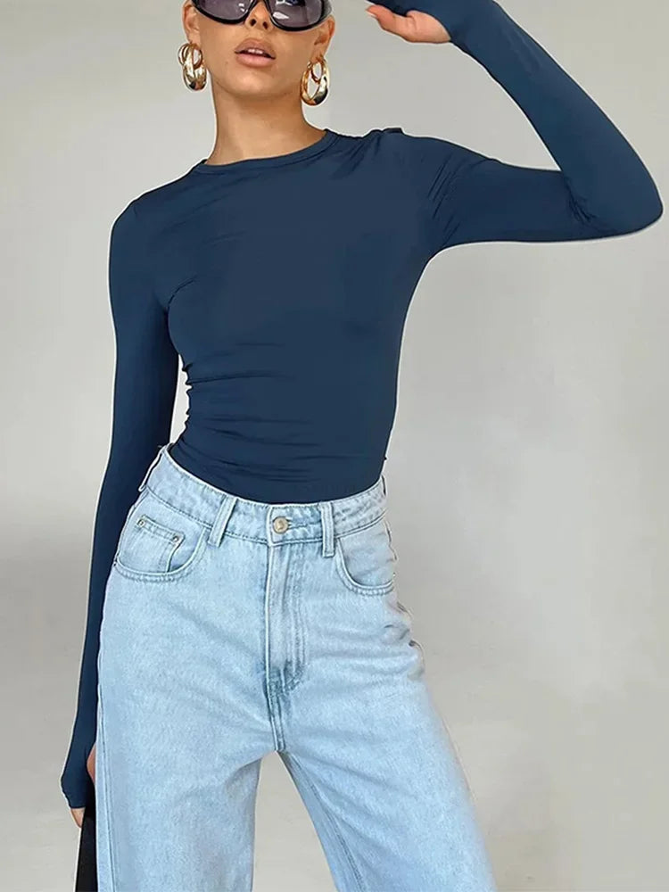 Womens Long Sleeve Crew Neck Crop Top With Thumb Holes