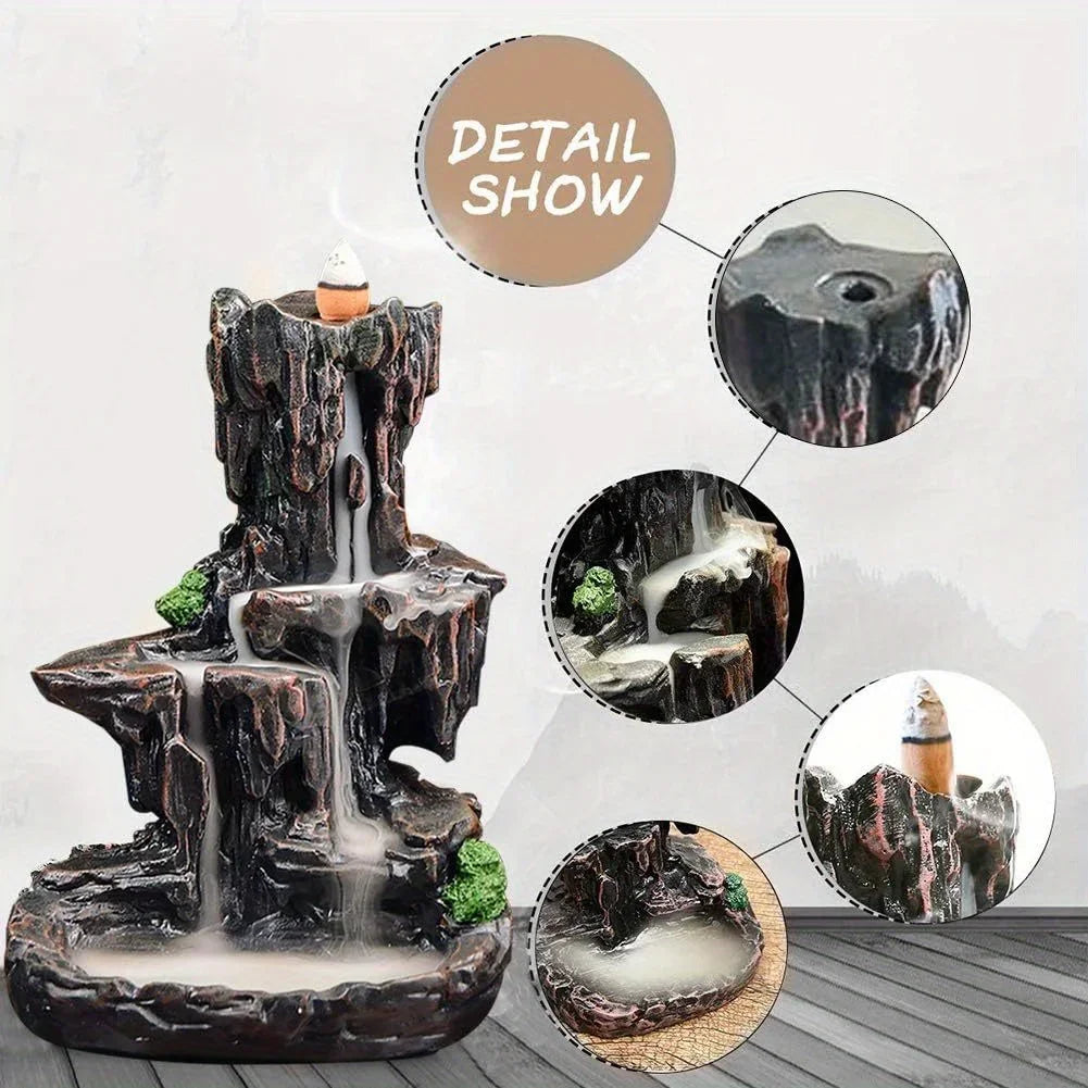 Waterfall Monk Incense Burner Mountain Tower Home Office Decor
