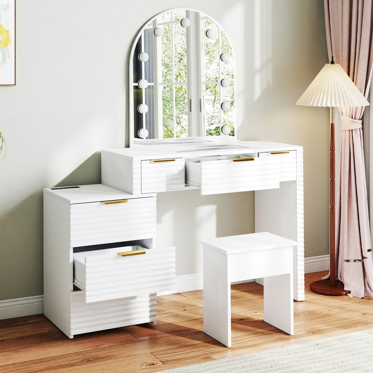 Vanity Desk Makeup Glass Tabletop Mirror LED Light w/ Power Outlet