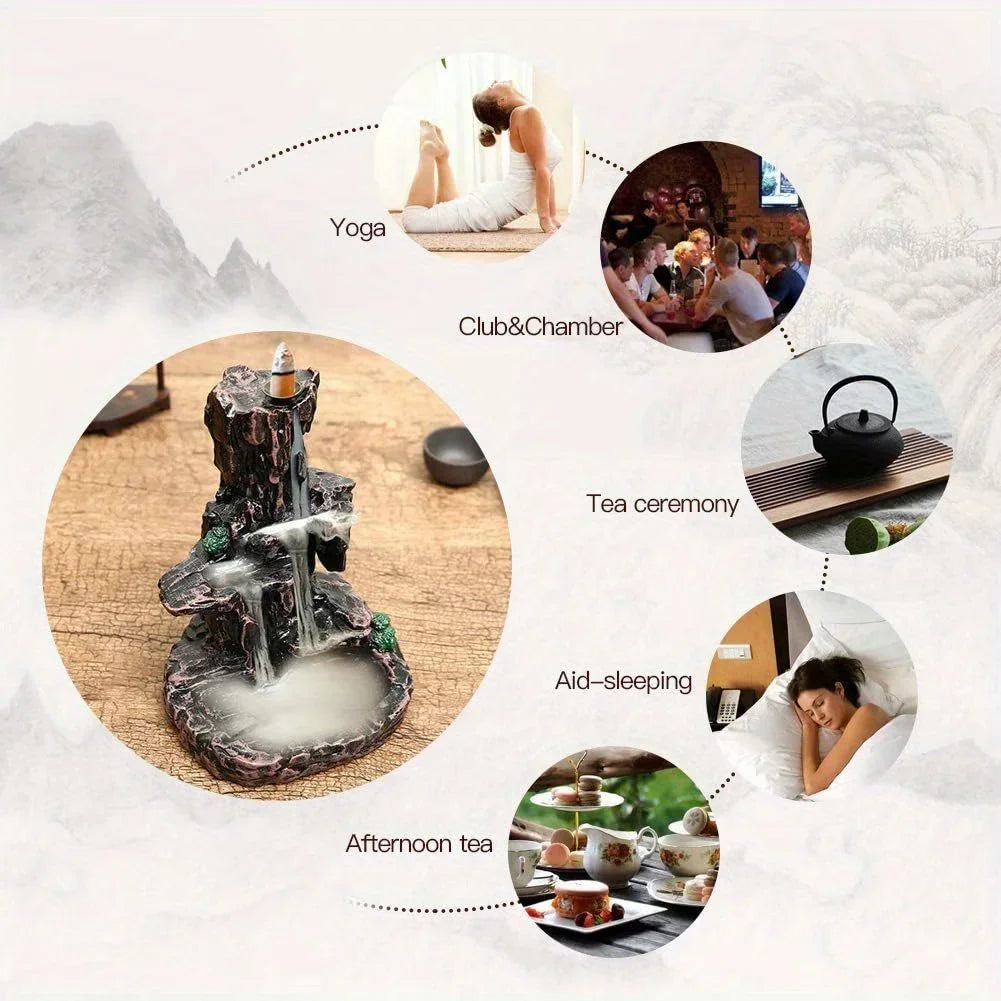 Waterfall Monk Incense Burner Mountain Tower Home Office Decor