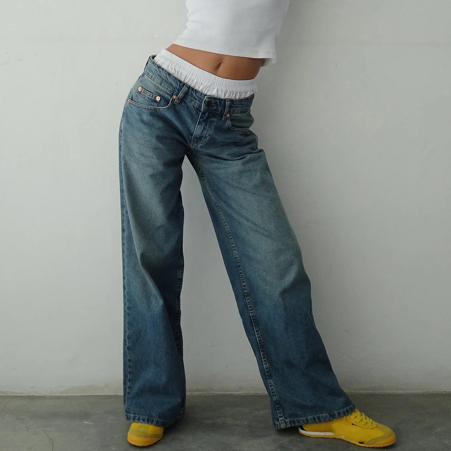 Women Baggy Denim Jeans With Pockets Streetwear Style