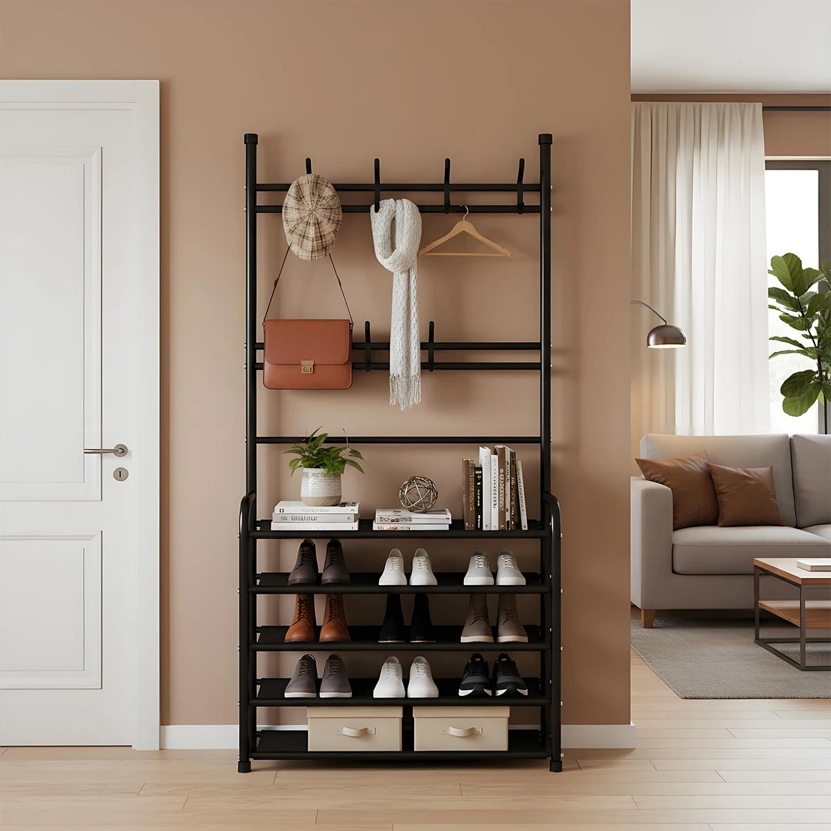Metal Floor Coat Rack With Integrated Shoe And Hat Storage