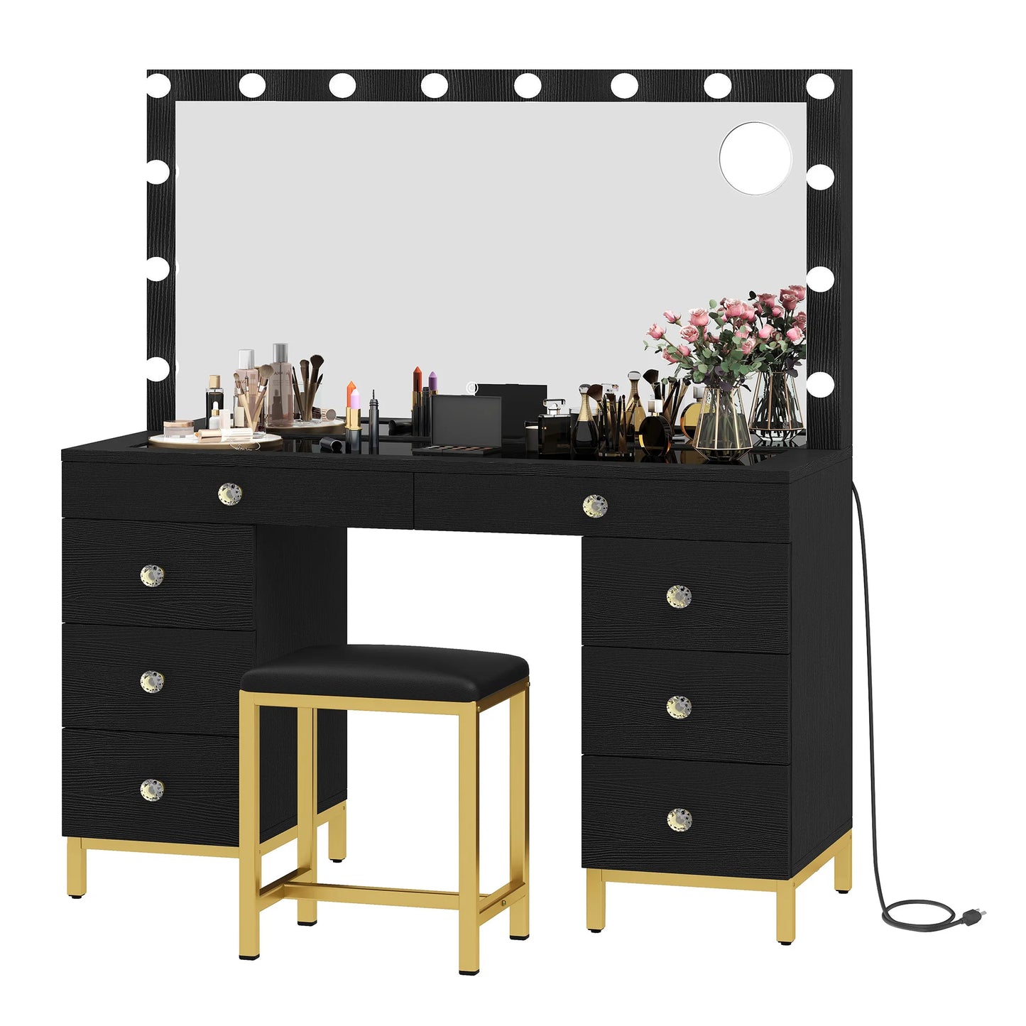 Vanity Desk Makeup Glass Tabletop Mirror LED Light w/ Power Outlet
