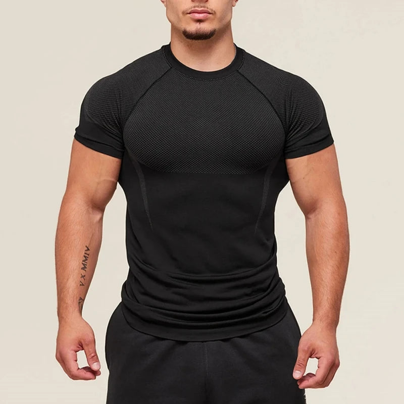 Mens Fitness Training Suit Elastic Round Neck Gym Wear Print