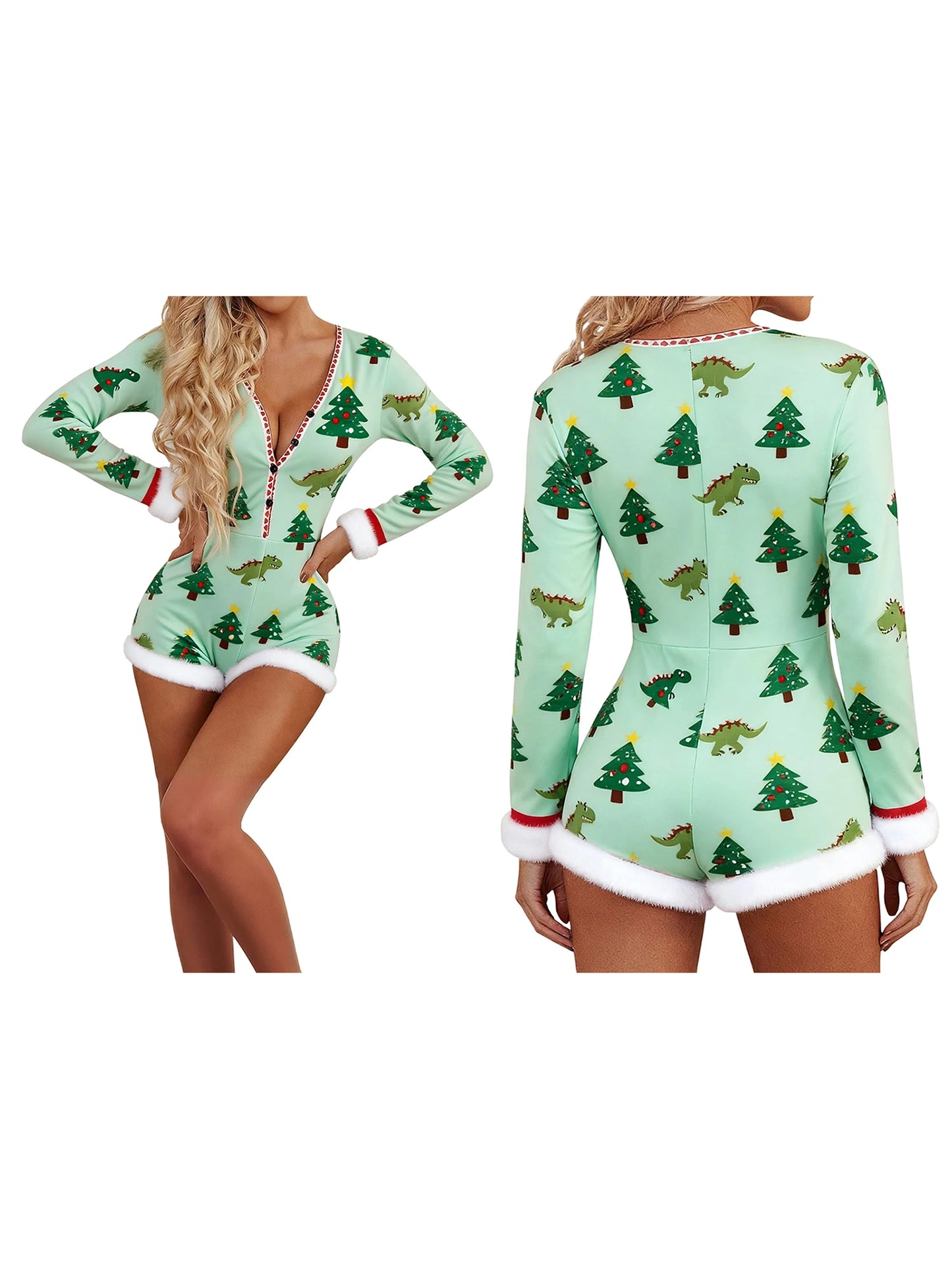 Women Christmas Pajamas Adorable Holiday Print Cozy Fleece Jumpsuit