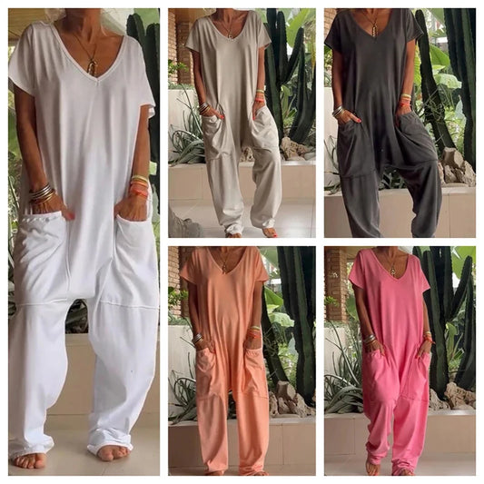 Women's Baggy Pocket Romper Casual Jumpsuit Polyester Knit