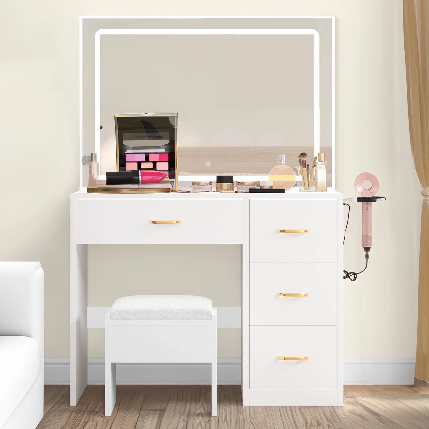 Vanity Desk Makeup Glass Tabletop Mirror LED Light w/ Power Outlet