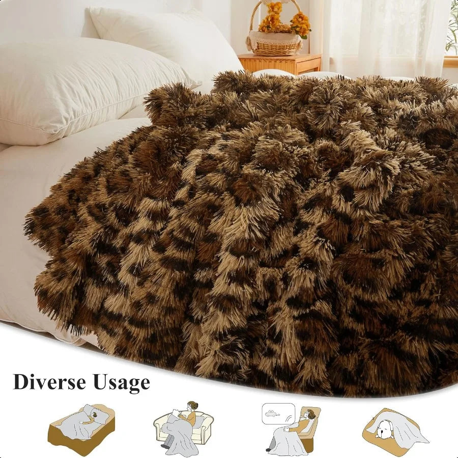 Luxury Faux Fur Leopard Print Throw Blanket Plush Decor