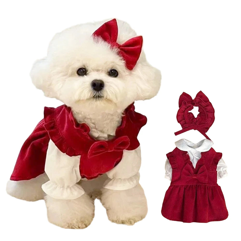 Hubei Winter Dog Dress Bowknot Princess Outfit Set Pet
