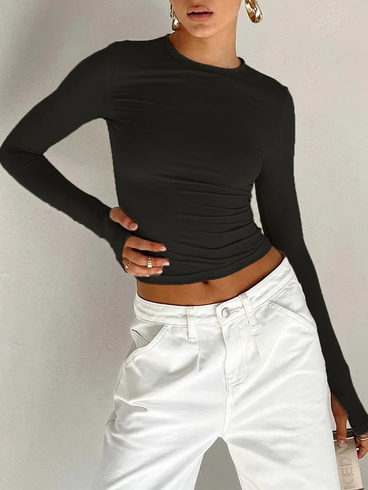 Womens Long Sleeve Crew Neck Crop Top With Thumb Holes