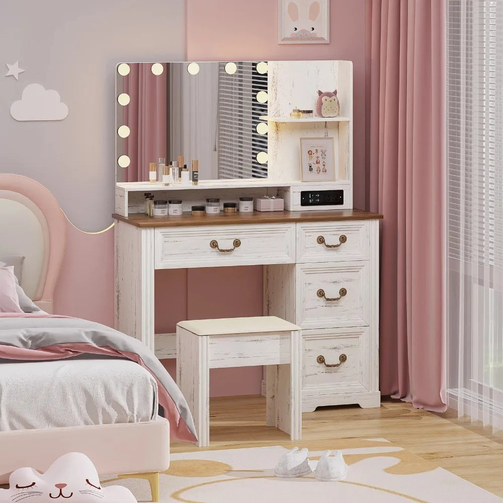 Vanity Desk Makeup Glass Tabletop Mirror LED Light w/ Power Outlet