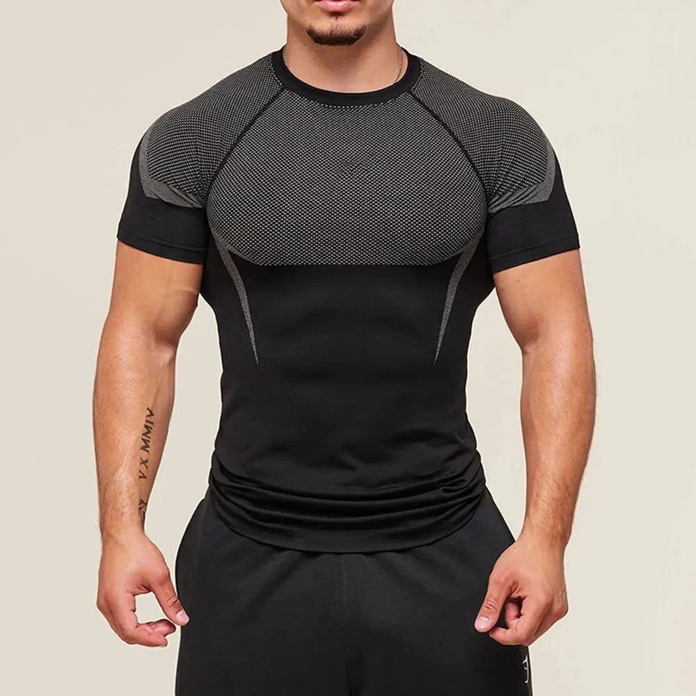 Mens Fitness Training Suit Elastic Round Neck Gym Wear Print