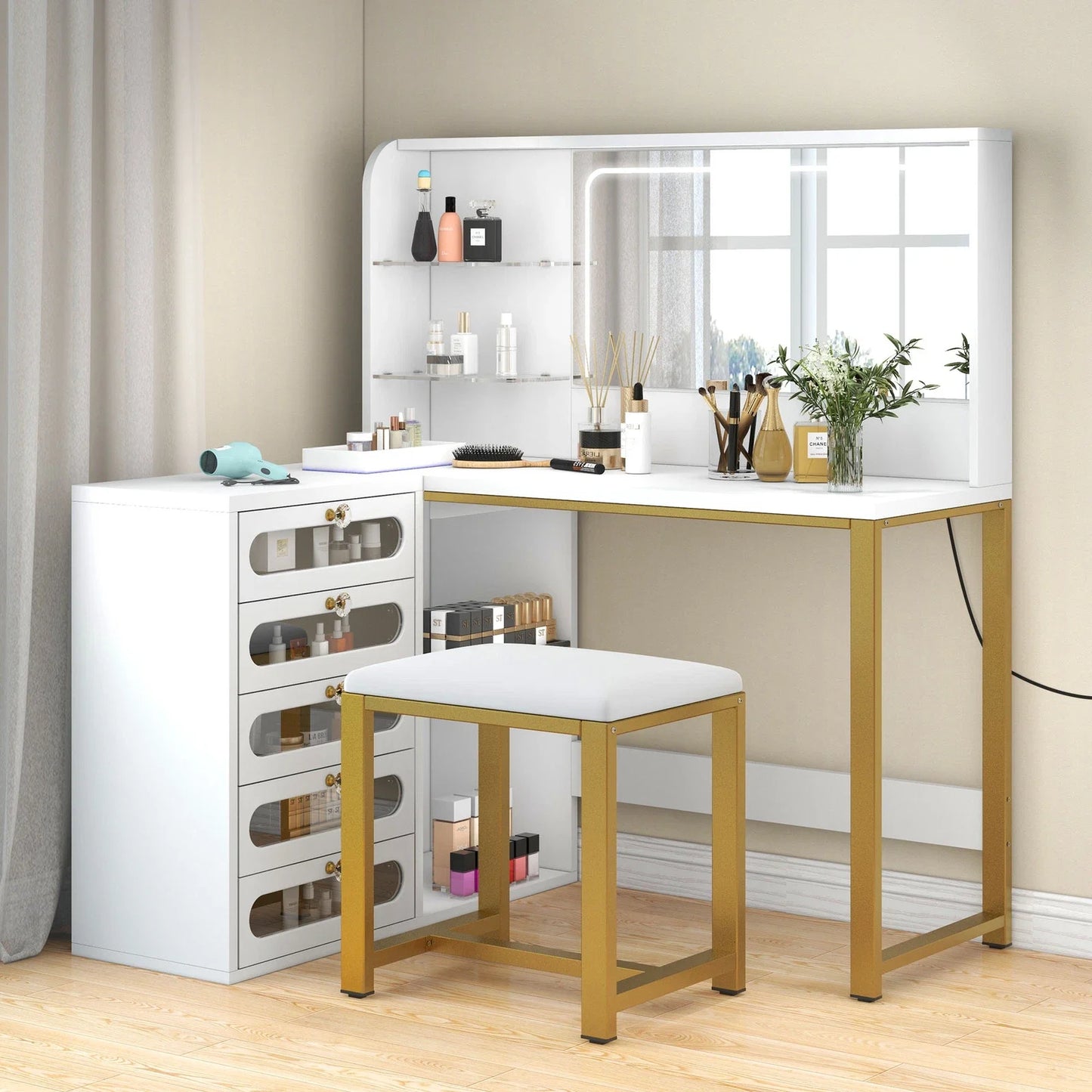 Vanity Desk Makeup Glass Tabletop Mirror LED Light w/ Power Outlet