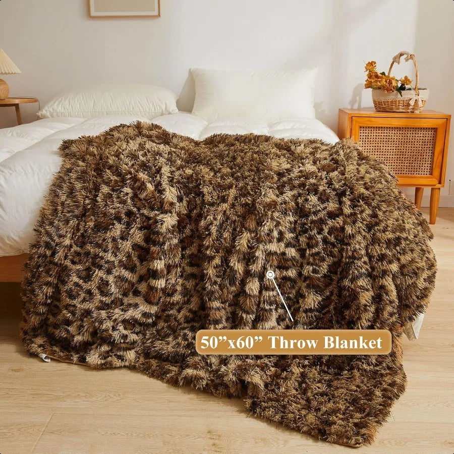 Luxury Faux Fur Leopard Print Throw Blanket Plush Cheetah Style
