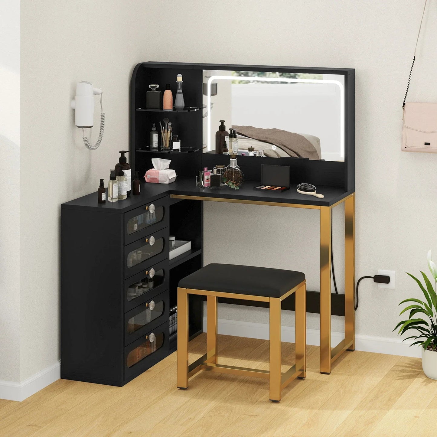 Vanity Desk Makeup Glass Tabletop Mirror LED Light w/ Power Outlet