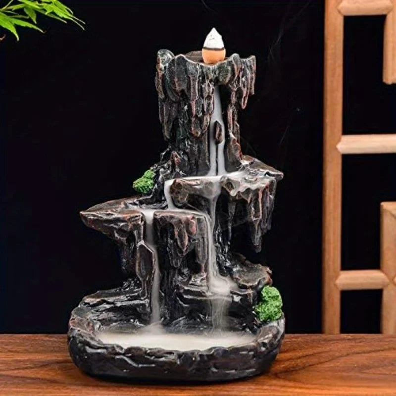 Waterfall Monk Incense Burner Mountain Tower Home Office Decor