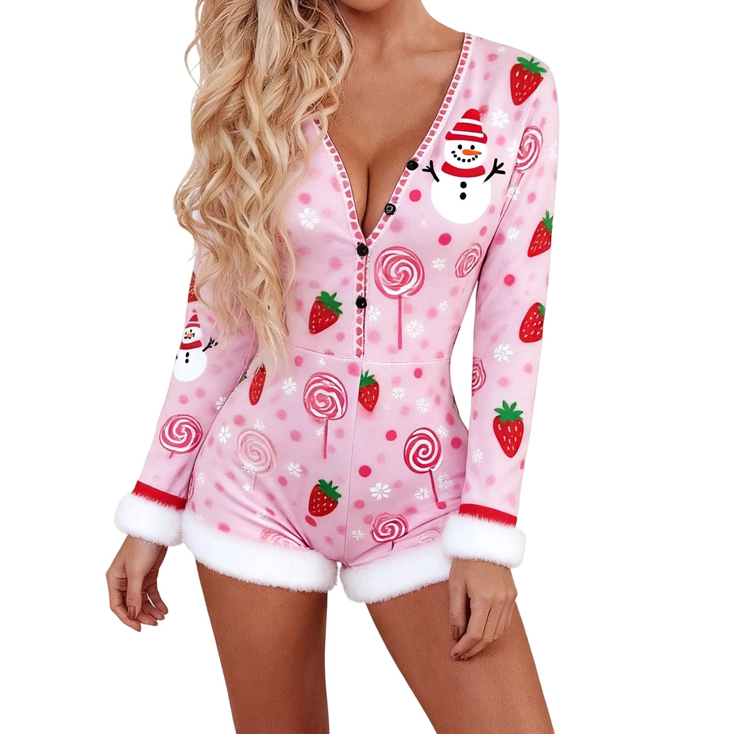 Women Christmas Pajamas Adorable Holiday Print Cozy Fleece Jumpsuit