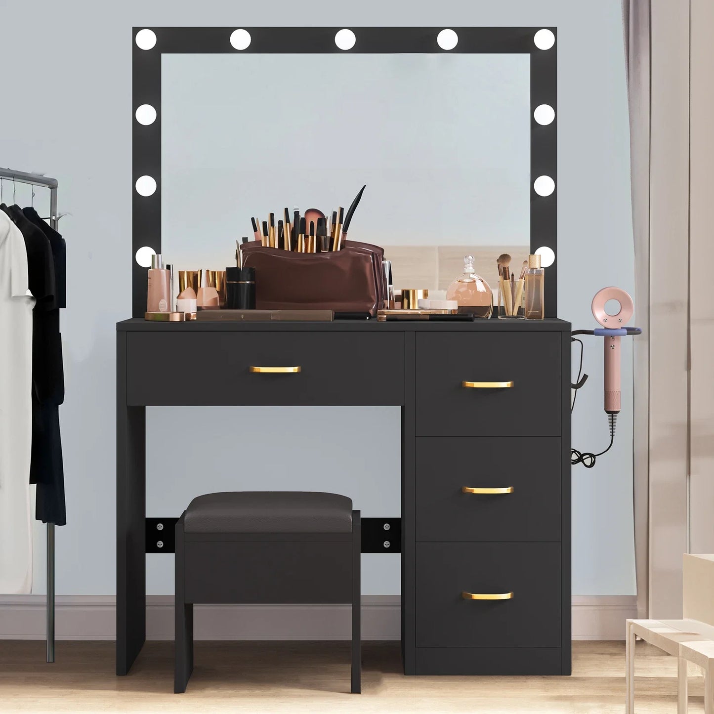 Vanity Desk Makeup Glass Tabletop Mirror LED Light w/ Power Outlet
