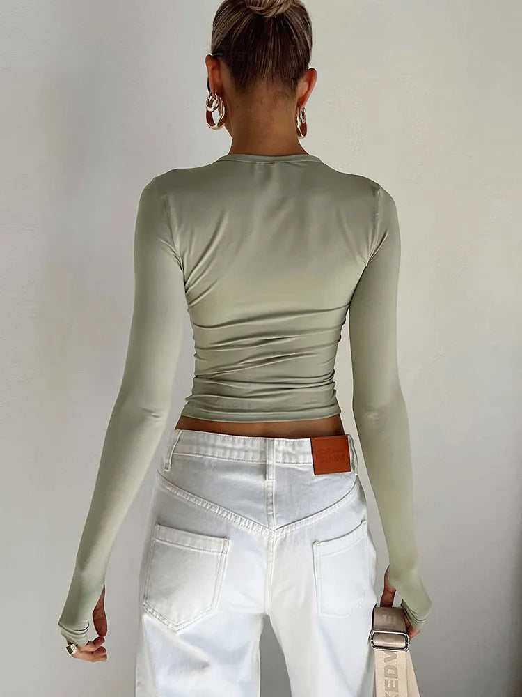 Womens Long Sleeve Crew Neck Crop Top With Thumb Holes