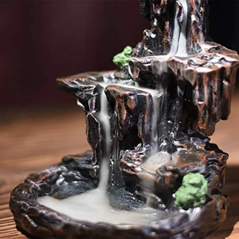 Waterfall Monk Incense Burner Mountain Tower Home Office Decor