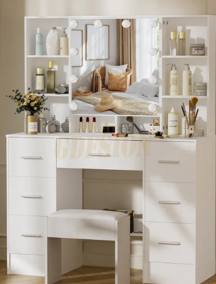 Vanity Desk Makeup Glass Tabletop Mirror LED Light w/ Power Outlet