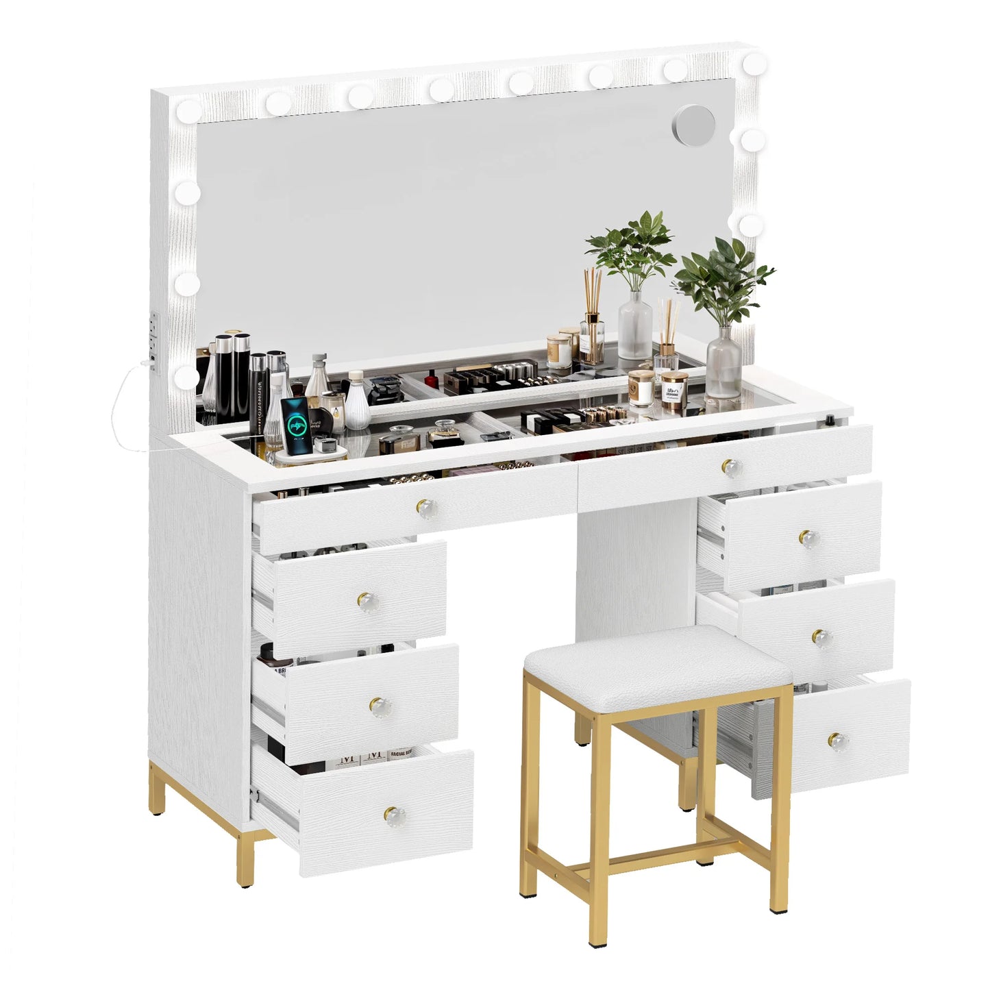 Vanity Desk Makeup Glass Tabletop Mirror LED Light w/ Power Outlet