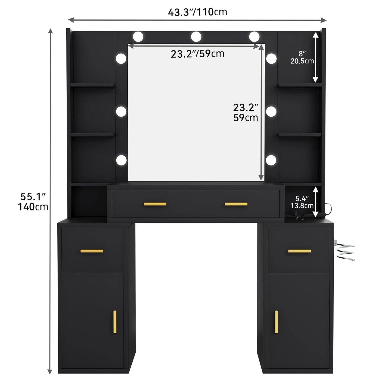 Vanity Desk Makeup Glass Tabletop Mirror LED Light w/ Power Outlet