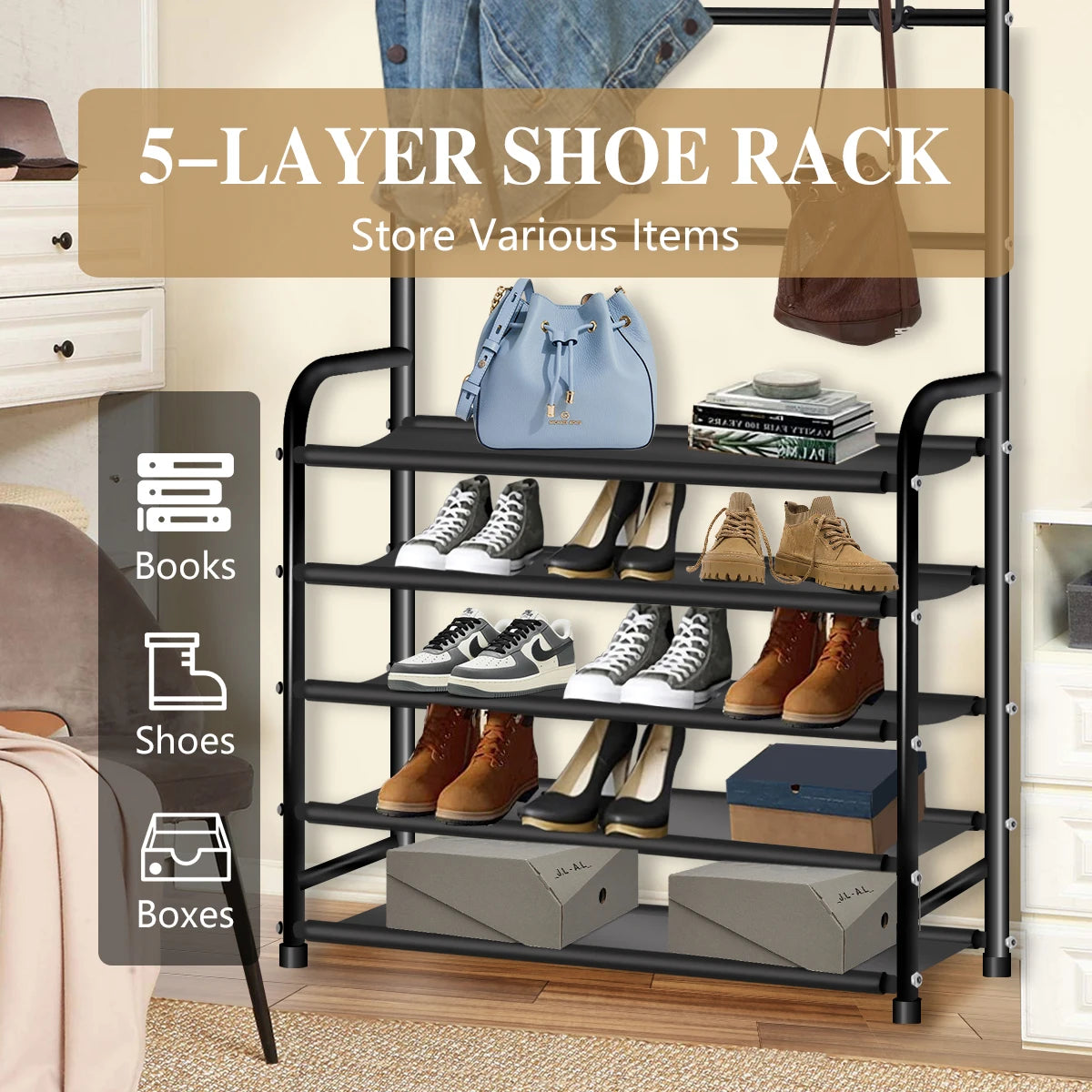 Metal Floor Coat Rack With Integrated Shoe And Hat Storage