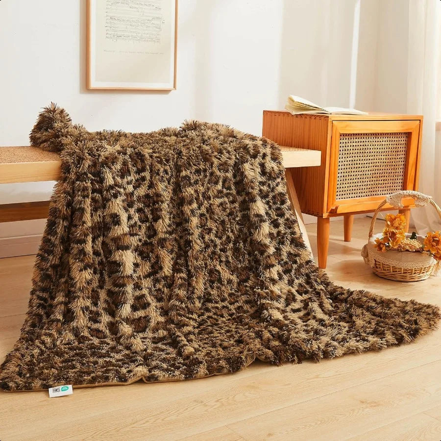 Luxury Faux Fur Leopard Print Throw Blanket Plush Cheetah Style