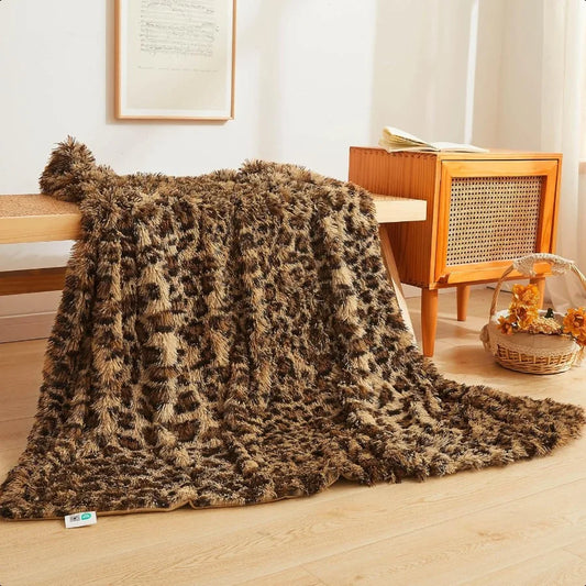 Luxury Faux Fur Leopard Print Throw Blanket Plush Decor