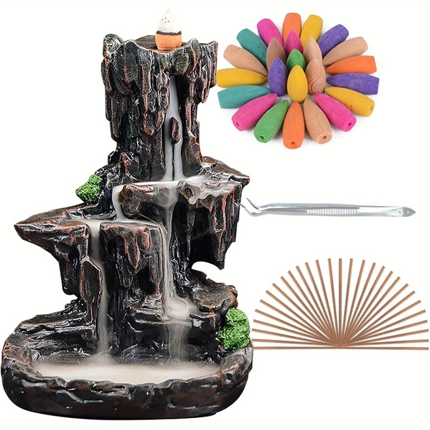 Waterfall Monk Incense Burner Mountain Tower Home Office Decor