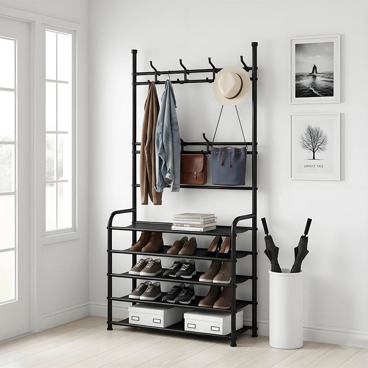 Metal Floor Coat Rack With Integrated Shoe And Hat Storage