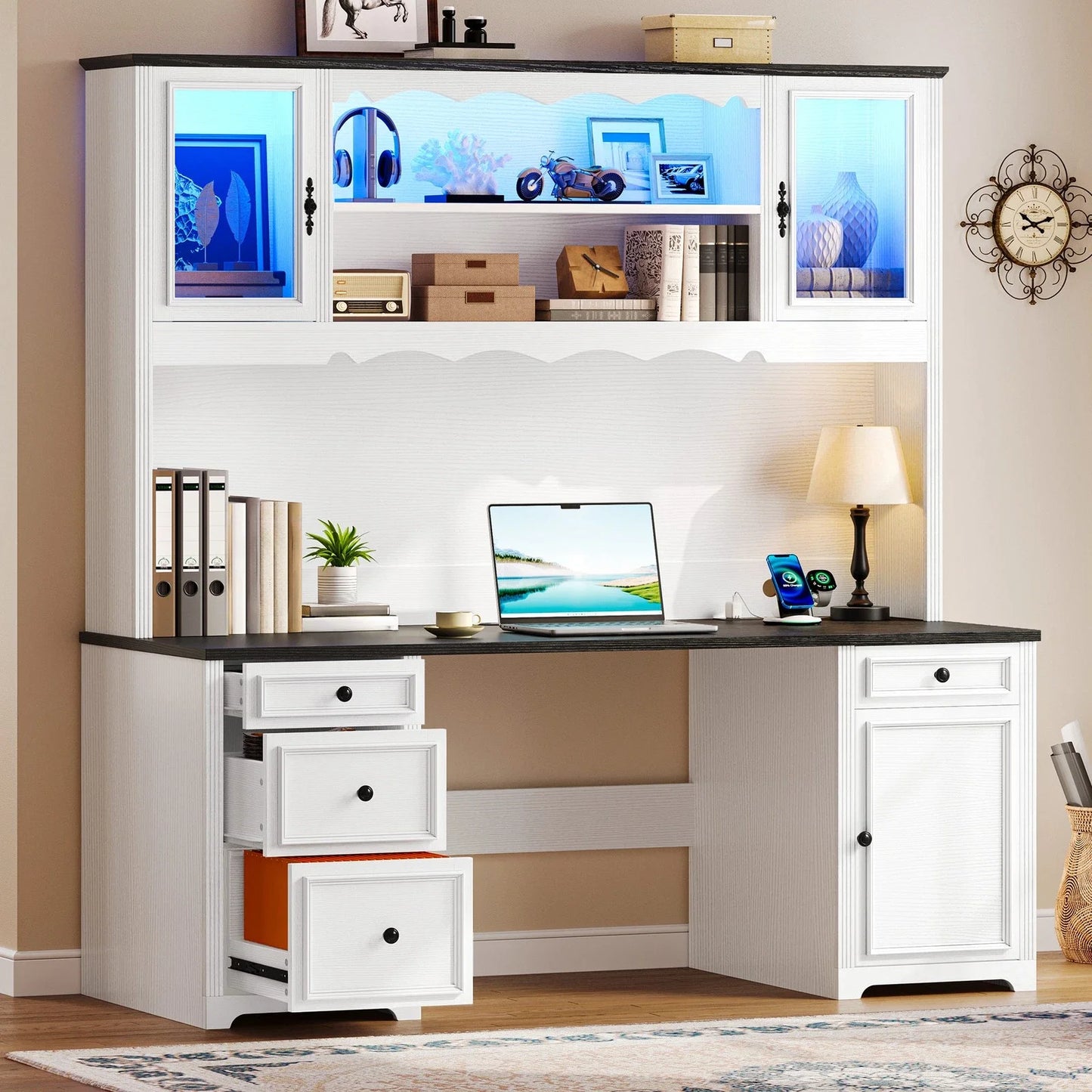 Vanity Desk Makeup Glass Tabletop Mirror LED Light w/ Power Outlet