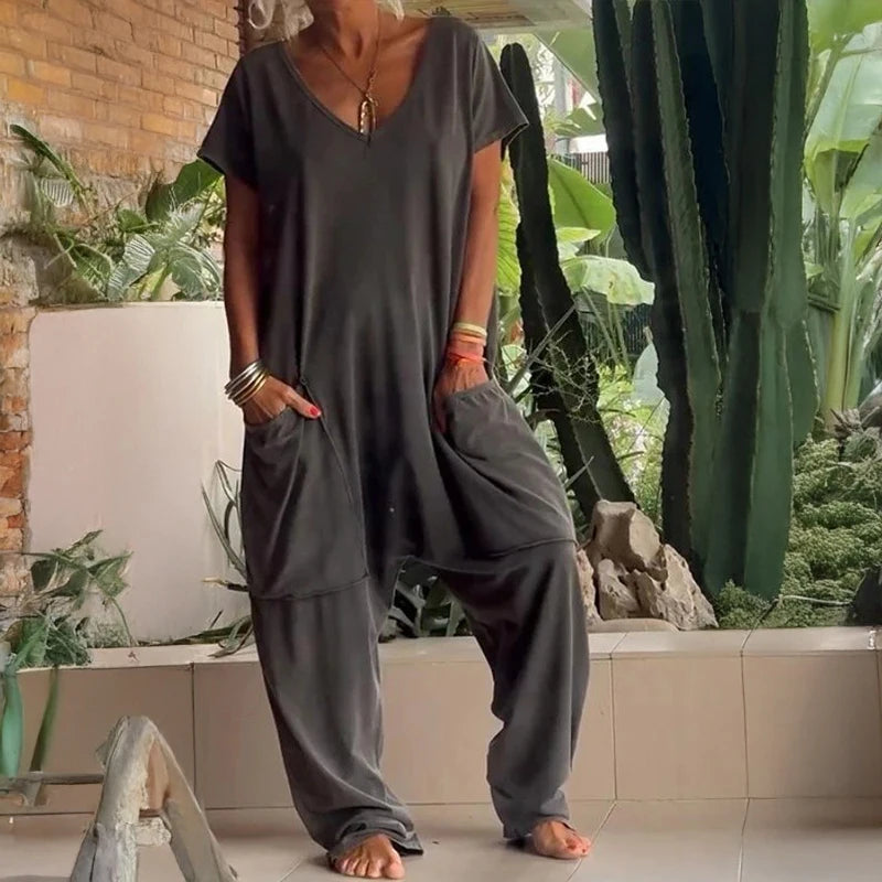 Women's Baggy Pocket Romper Casual Jumpsuit Polyester Knit